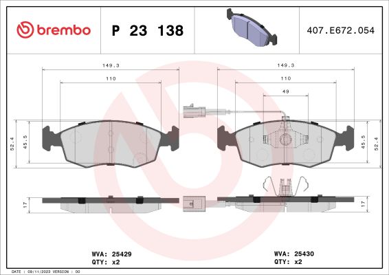 A.B.S. P 23 138 BREMBO Bremsbelagsatz, Scheibenbremse